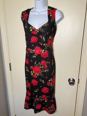 Sourpuss Black Red Floral Gothic Pinup Rockabilly Midi Dress Size 3x